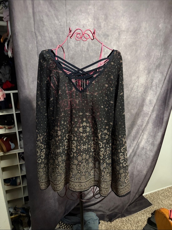 Charlies Tops - Black Floral-Print Long Sleeve Top with Crisscross Detail